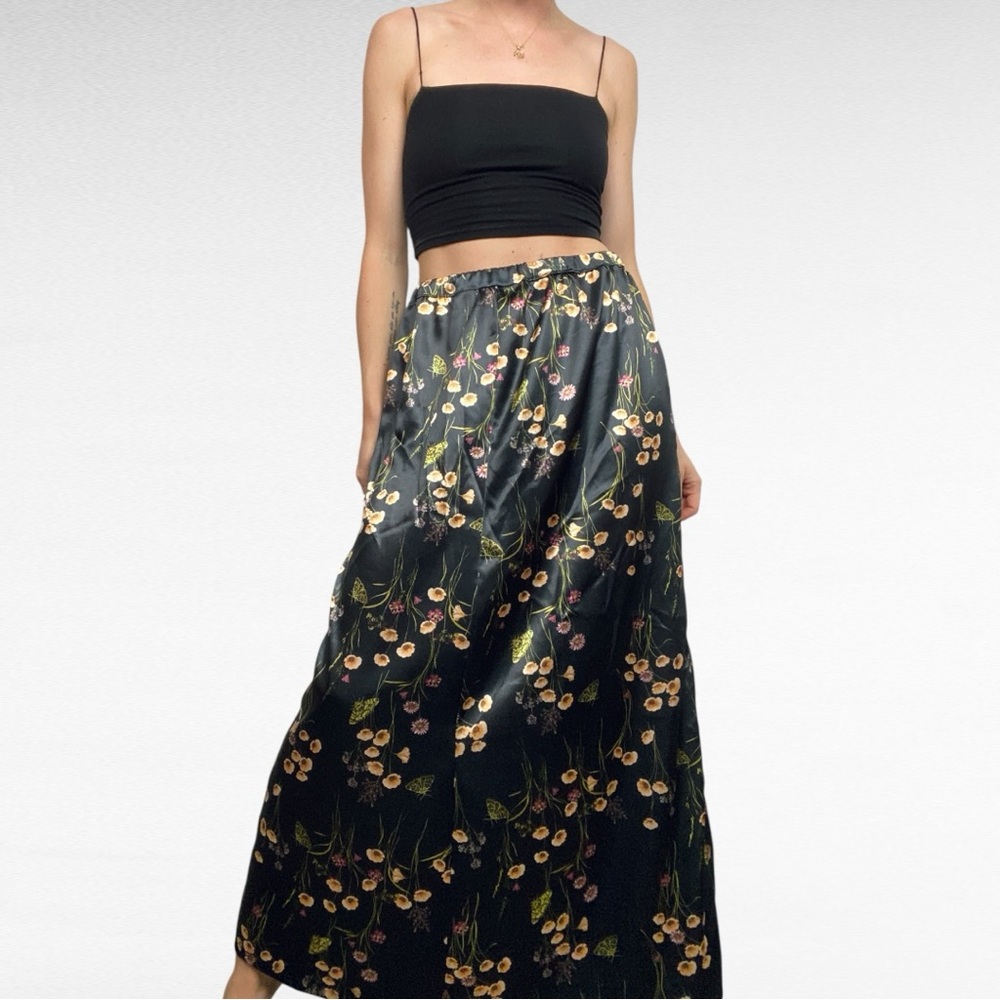 Handmade | Black Floral Butterflies Cottagecore Dark Academia Satin Midi Skirt